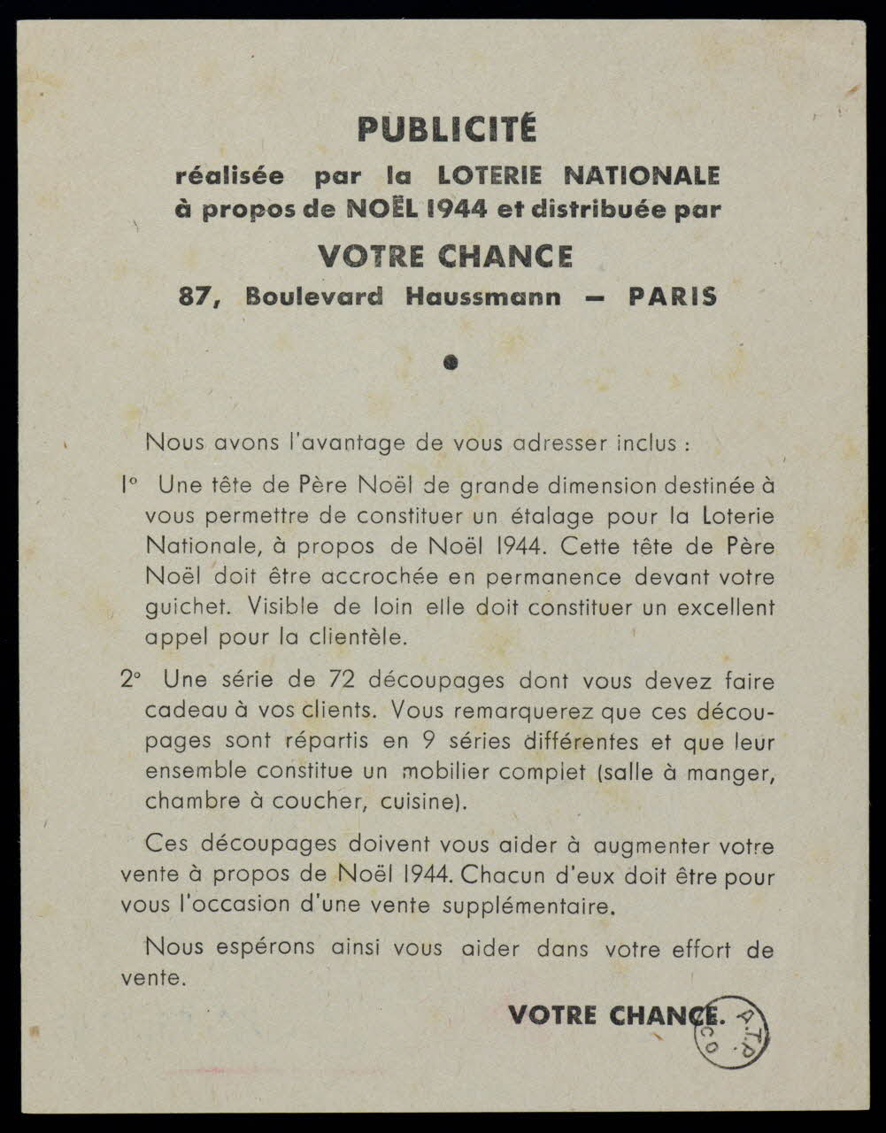 Votre Chance estampe PUBLICITE 1944 1970.83.1343 Photo