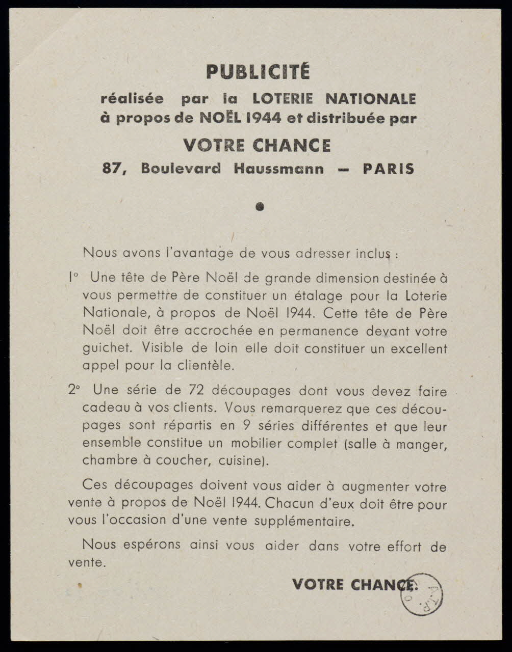 Votre Chance estampe PUBLICITE 1944 1970.83.1344 Photo
