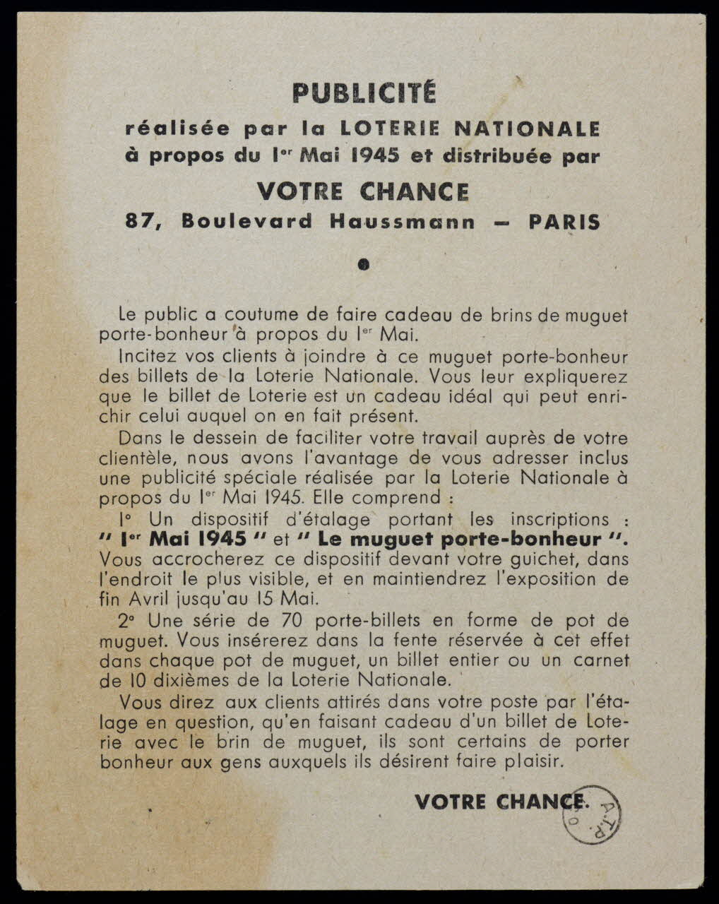 Votre Chance estampe PUBLICITE 1945 1970.83.1345 Photo