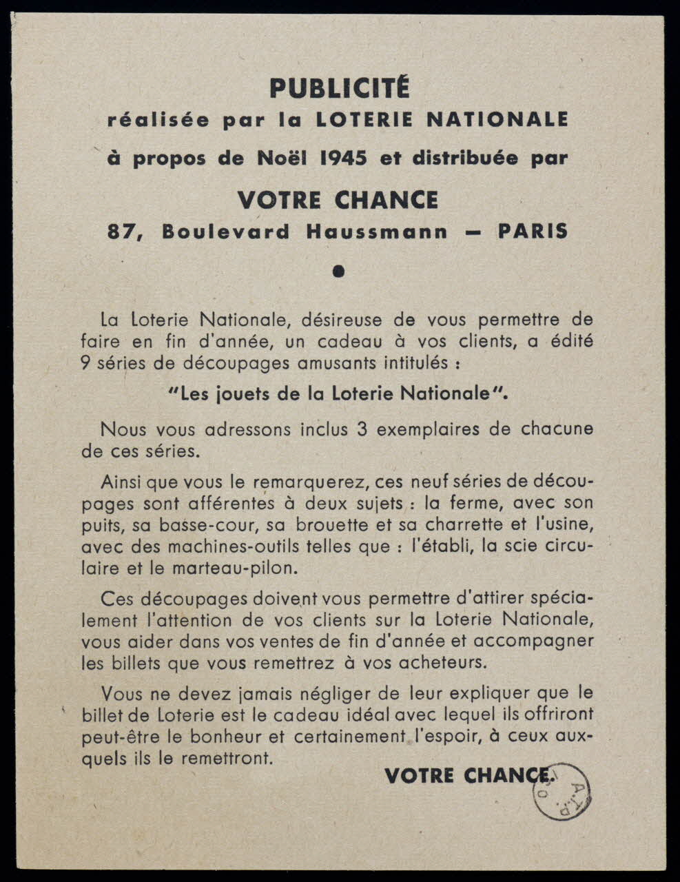 Votre Chance estampe PUBLICITE 1945 1970.83.1346 Photo