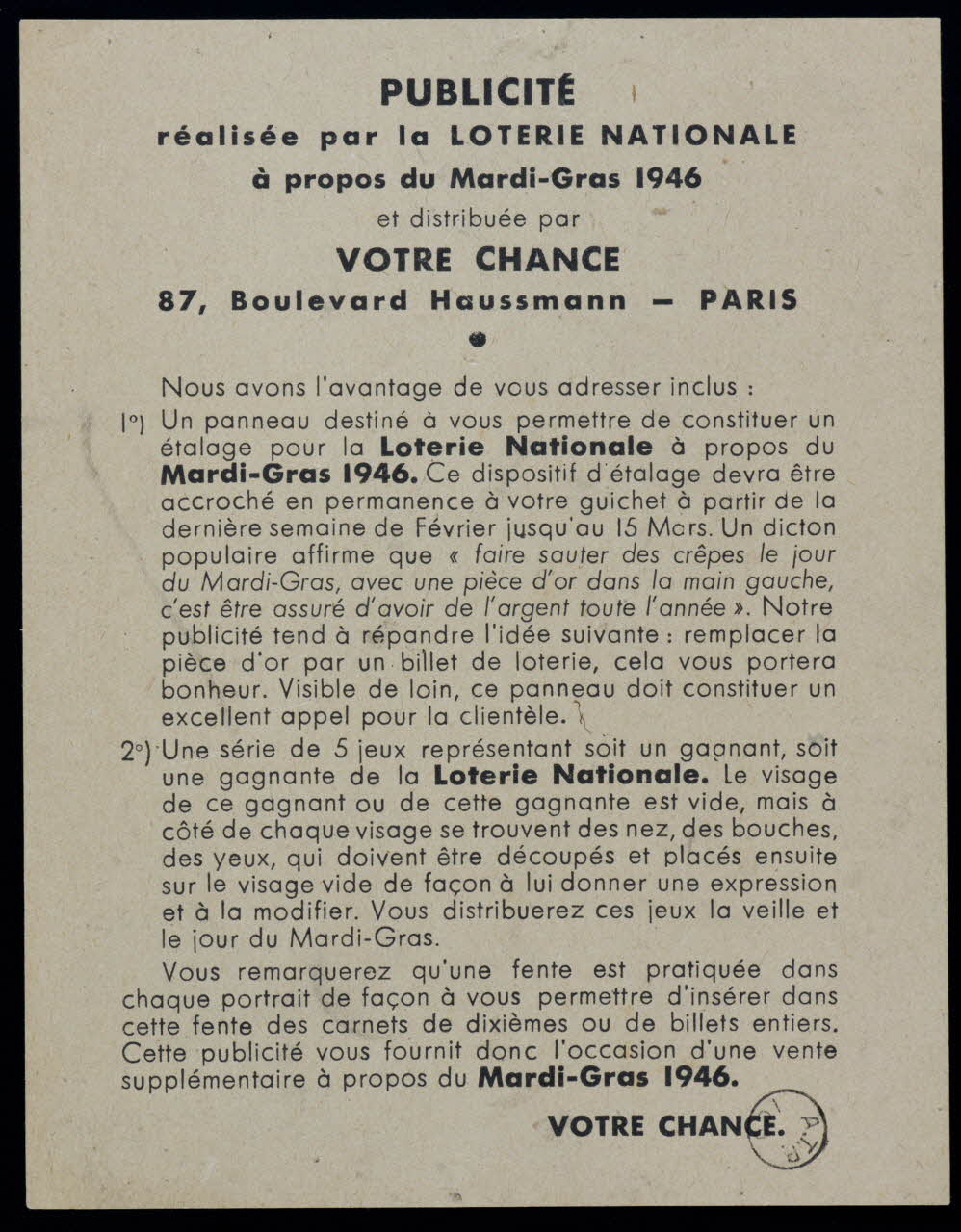 Votre Chance estampe PUBLICITE 1946 1970.83.1347 Photo