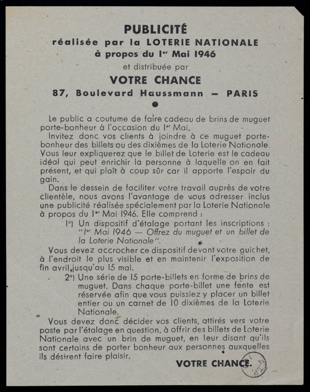 Votre Chance estampe PUBLICITE 1946 1970.83.1348 Photo