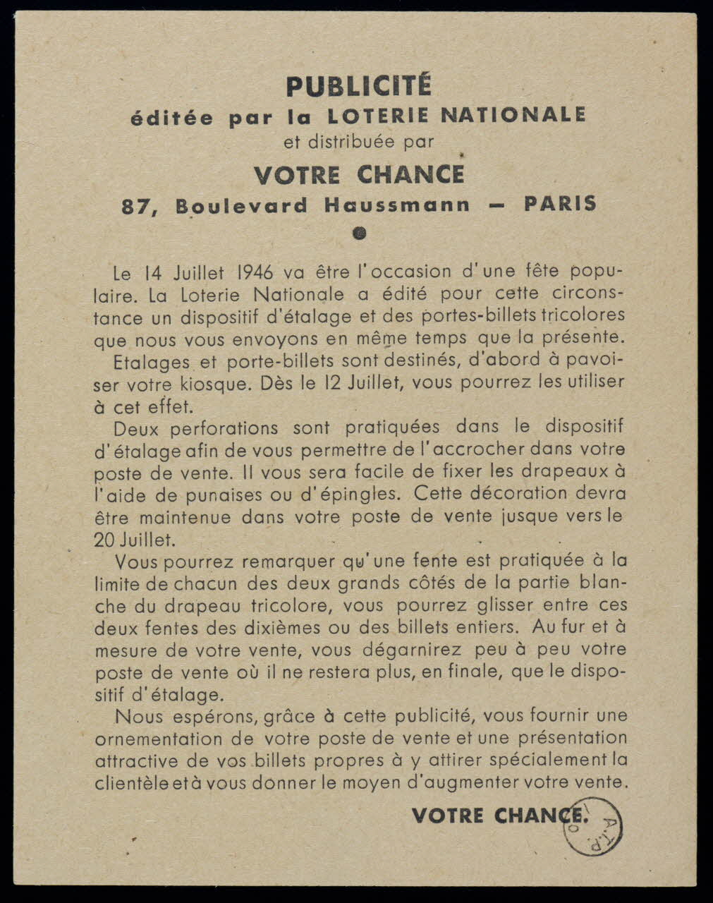 Votre Chance estampe PUBLICITE 1946 1970.83.1349 Photo