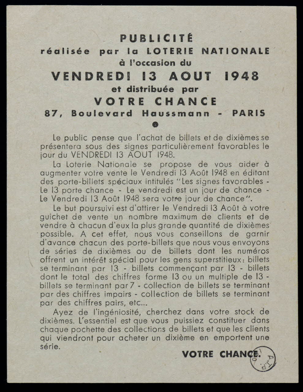 Votre Chance estampe PUBLICITE 1948 1970.83.1350 Photo