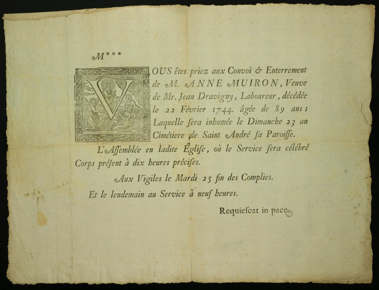 Vallée estampe Faire-part de décès 1744 1970.83.16 Photo