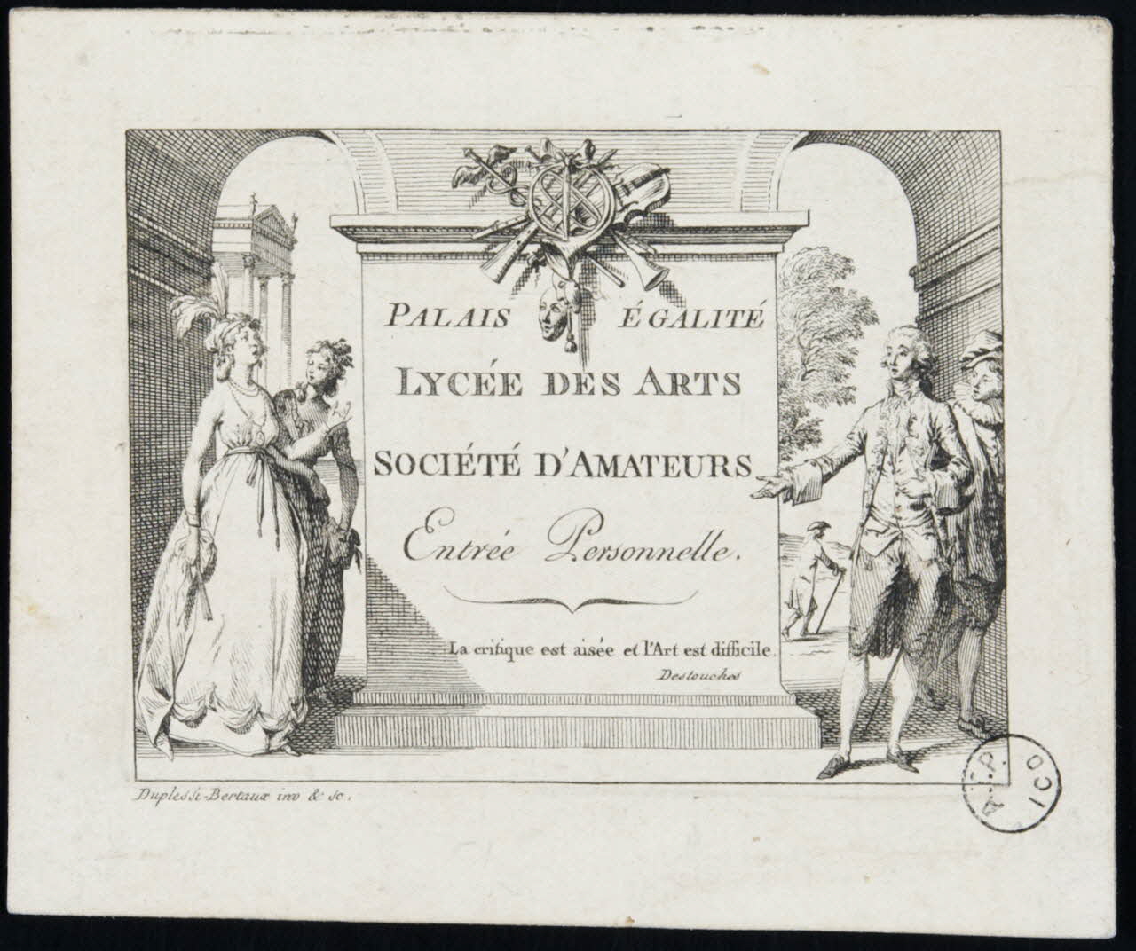 estampe PALAIS EGALITE  LYCEE DES ARTS  SOCIETE D'AMATEURS  Entrée Personnelle. 1970.83.169 Photo