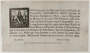 Vallée estampe Faire part mortuaire 1771 1970.83.17 Photo