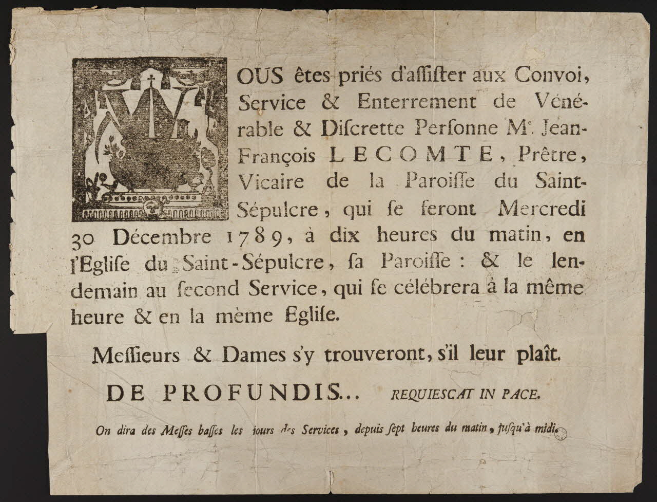 Vallée estampe VOUS êtes priés d'assister aux Convoi,  (...)  On dira des Messes basses les jours des Services, depuis sept heures du matin, jusqu'à midi. 1789 1970.83.18 Photo