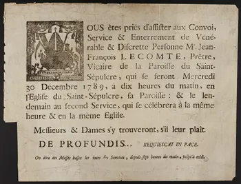 Vallée estampe VOUS êtes priés d'assister aux Convoi,  (...)  On dira des Messes basses les jours des Services, depuis sept heures du matin, jusqu'à midi. 1789 1970.83.18 Photo