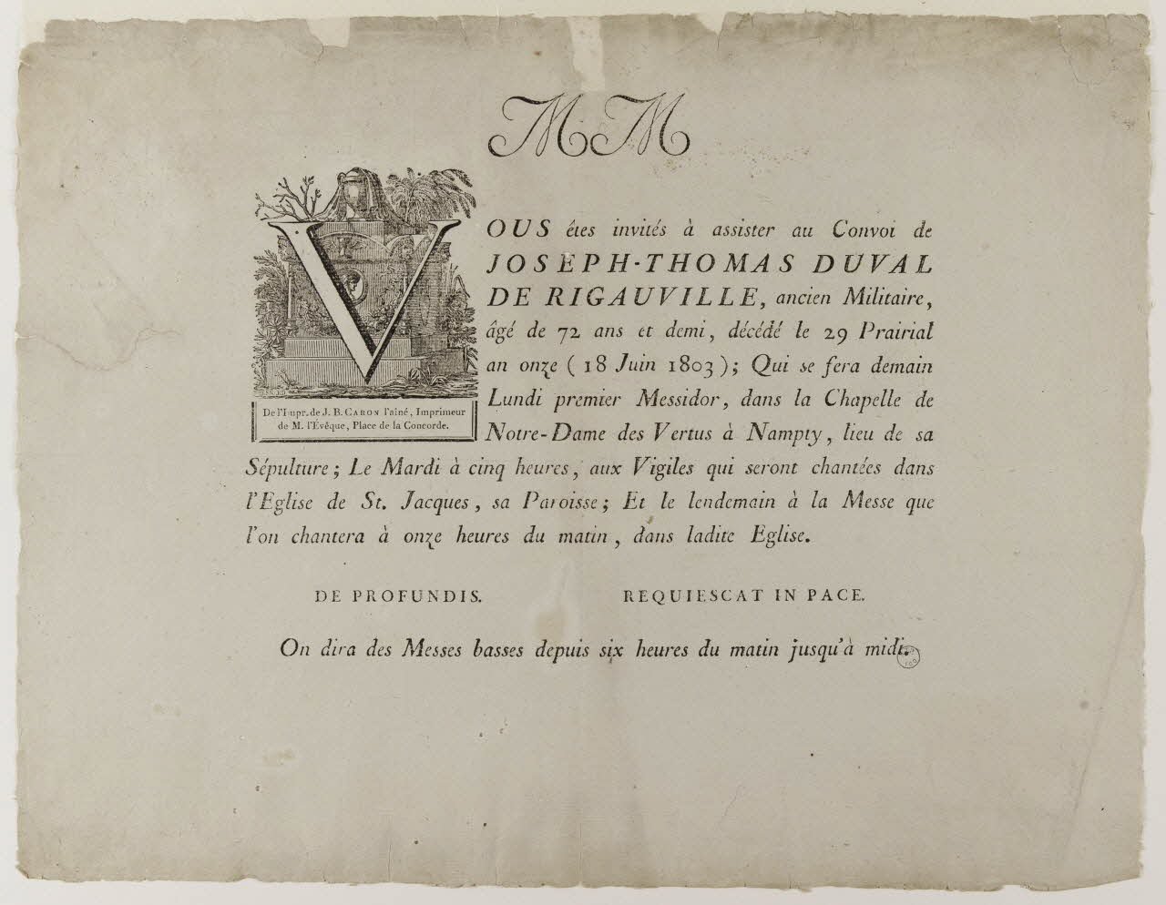 J.B Caron L'aîNé estampe Faire part mortuaire 1803 1970.83.21 Photo