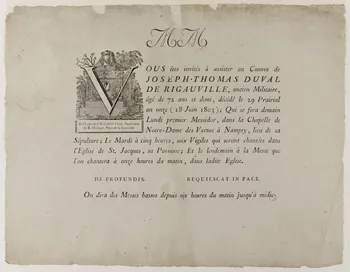 J.B Caron L'aîNé estampe Faire part mortuaire 1803 1970.83.21 Photo