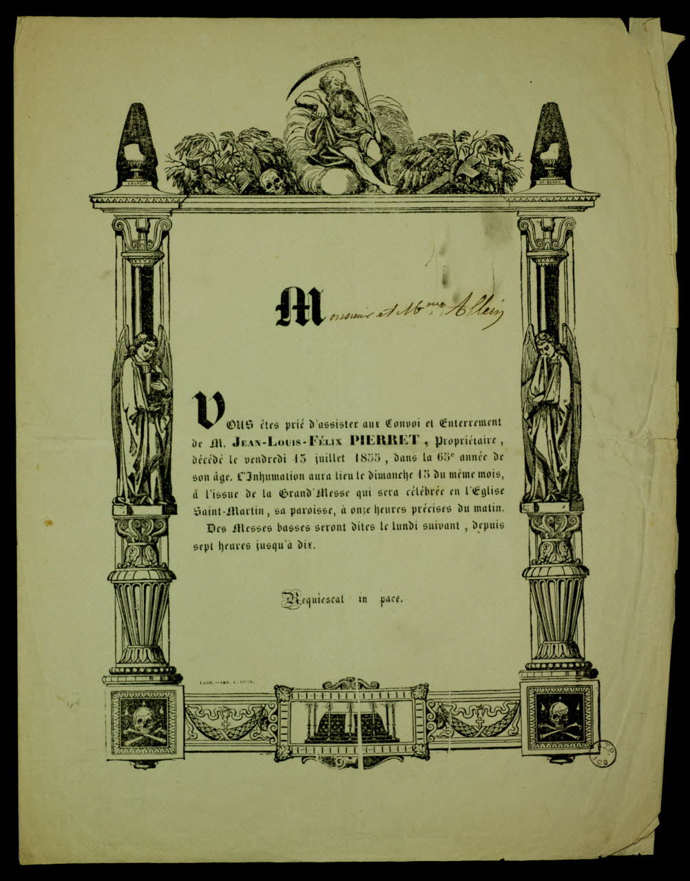Berny, De ; Gyon estampe Avis de funérailles Picardie, France 1855 1970.83.26 Photo