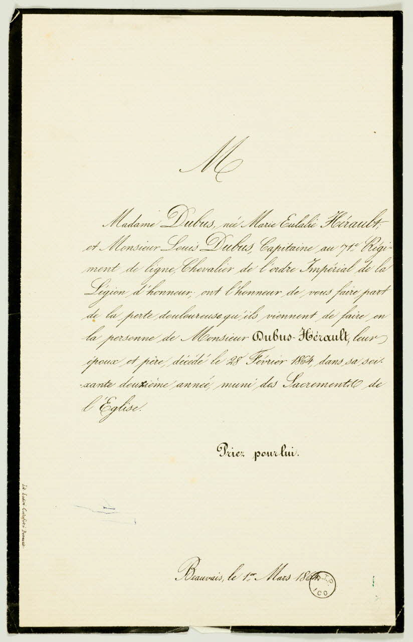 Ladiré estampe Faire-part de décès Picardie, France 1864 1970.83.27 Photo