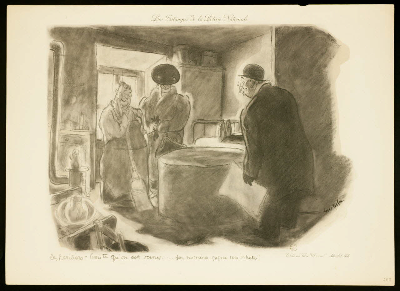 estampe Les Estampes de la Loterie Nationale  Les héritiers : Crois-tu qu'on est venus... son numéro gagne 100 billets ! 1970.83.285 Photo