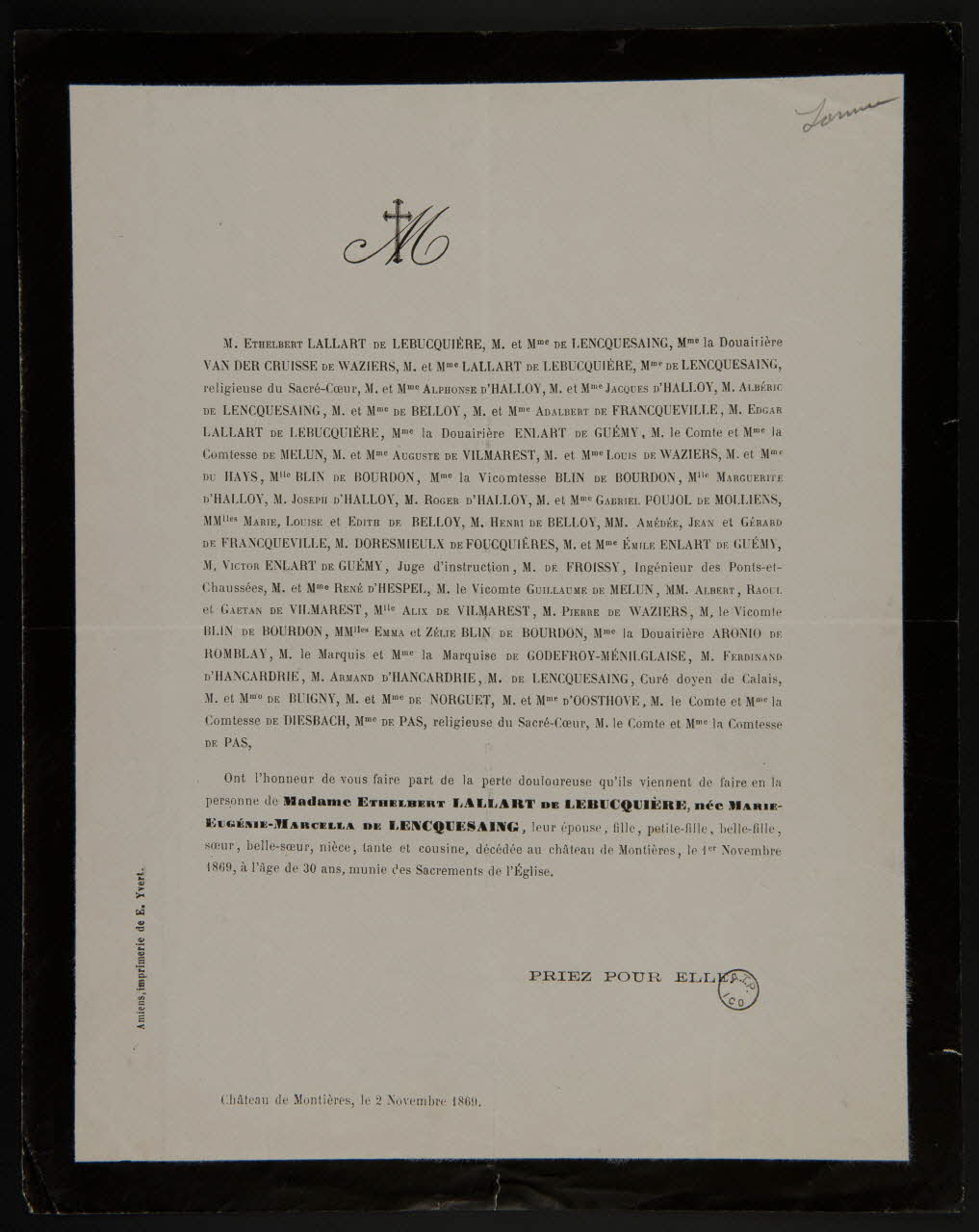 Yvert Et Tellier estampe Avis de décès Picardie, France 1869 1970.83.30 Photo