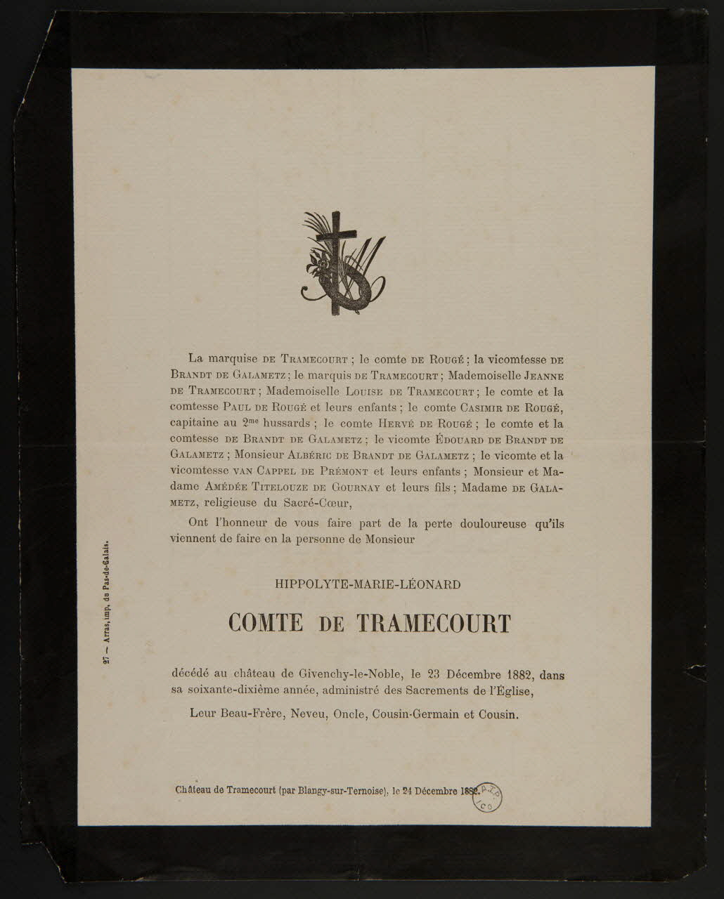 estampe Avis de décès Nord-Pas-de-Calais, France 1882 1970.83.31 Photo