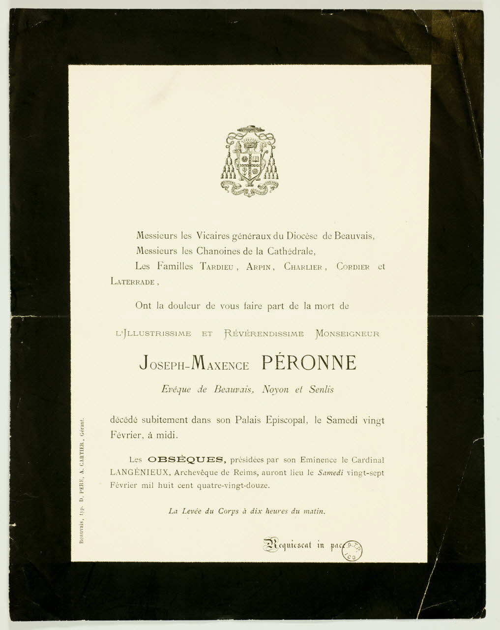 D Père ; A Cartier estampe Faire-part de décès Picardie, France 1892 1970.83.34 Photo