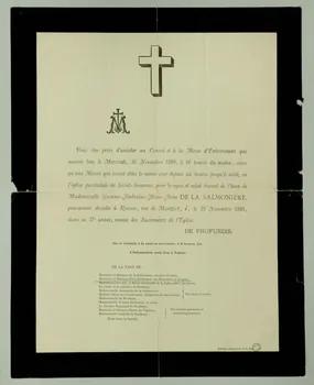 H Vatar estampe Avis de décès de Mademoiselle de la Salmonière Bretagne, France 1898 1970.83.37 Photo