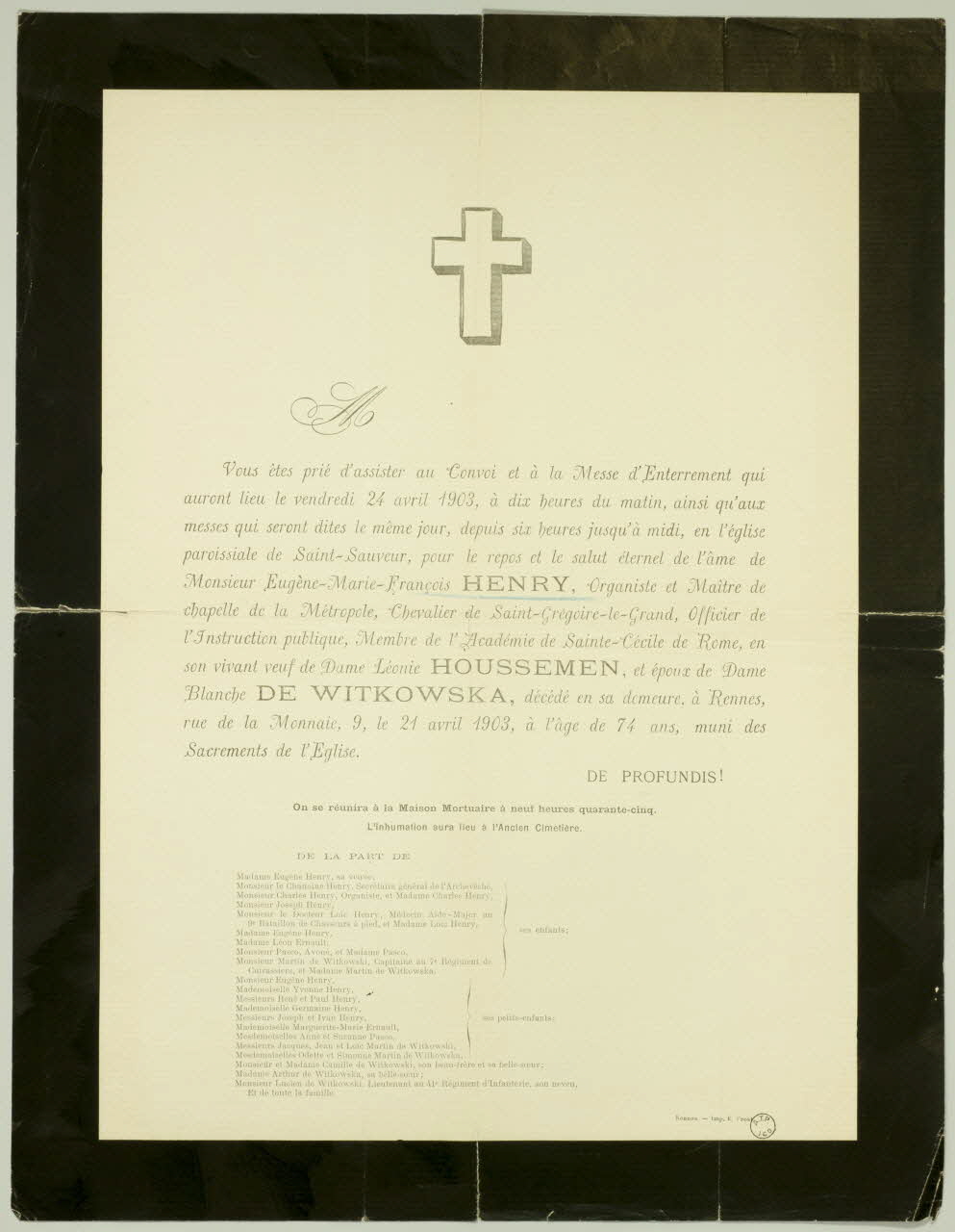 E Prost estampe Avis de funérailles de Monsieur Eugène-Marie-François Henry Bretagne, France 1903 1970.83.38 Photo