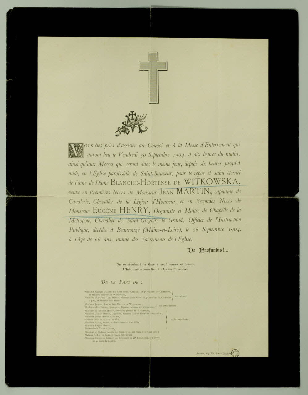 Imprimerie. Jules Simon S.A. estampe Avis de funérailles de Dame de Witkowska, 1904 1904 1970.83.39 Photo