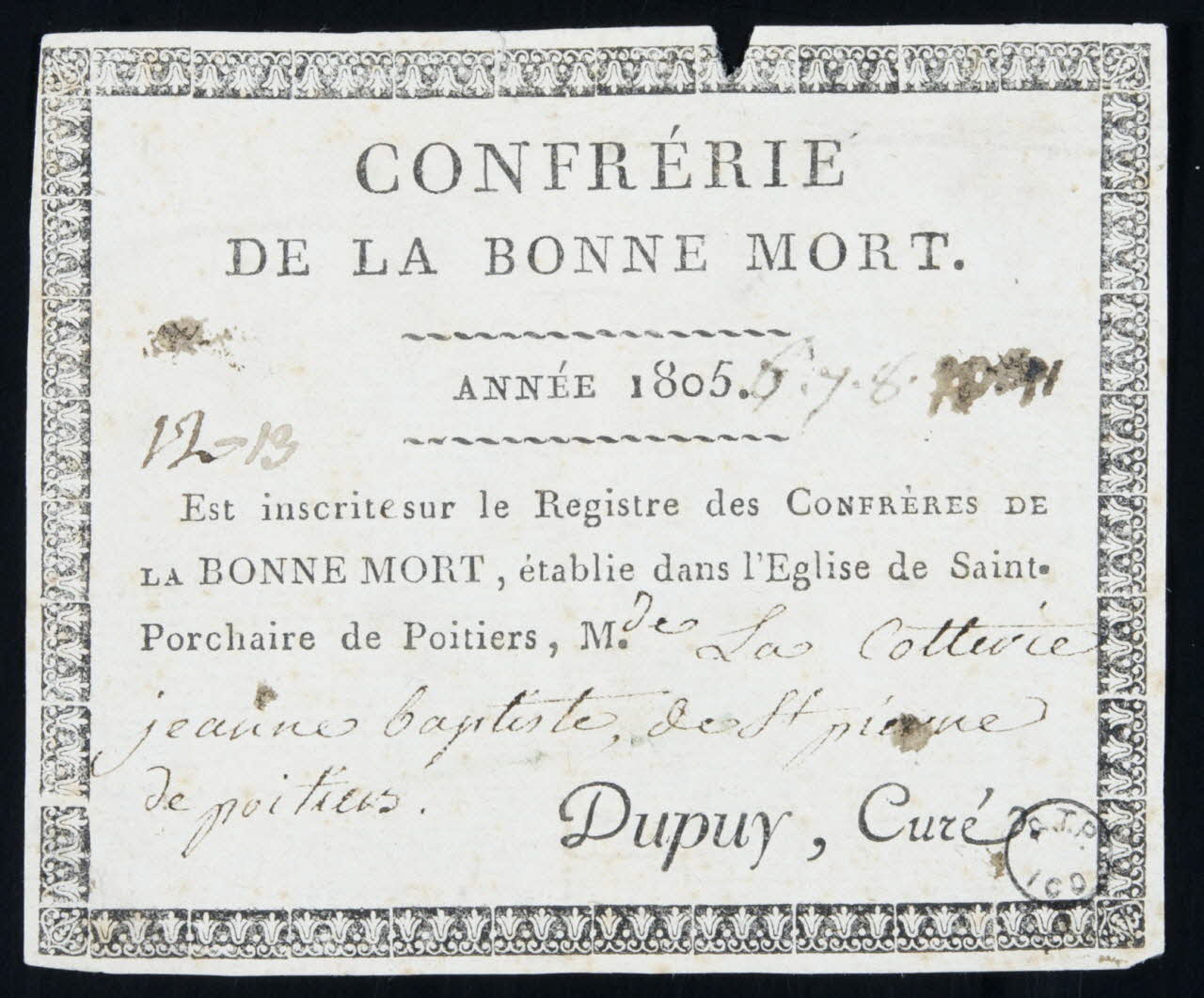 estampe CONFRERIE  DE LA BONNE MORT.  ANNEE 1805. 1970.83.41 Photo