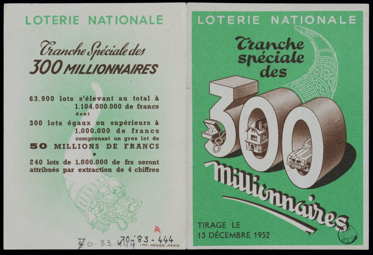 estampe LOTERIE NATIONALE  Tranche  spéciale  des  300  millionnaires 1970.83.444 Photo