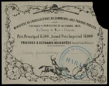 Frédéric Dupont-Diot estampe MINISTERE DE L'AGRICULTURE, DU COMMERCE & DES TRAVAUX PUBLICS.  COURSES du DIMANCHE 21 OCTOBRE 1855.  Au Champ de Mars à 2 heures. Île-de-France, France 1855 1970.83.48 Photo