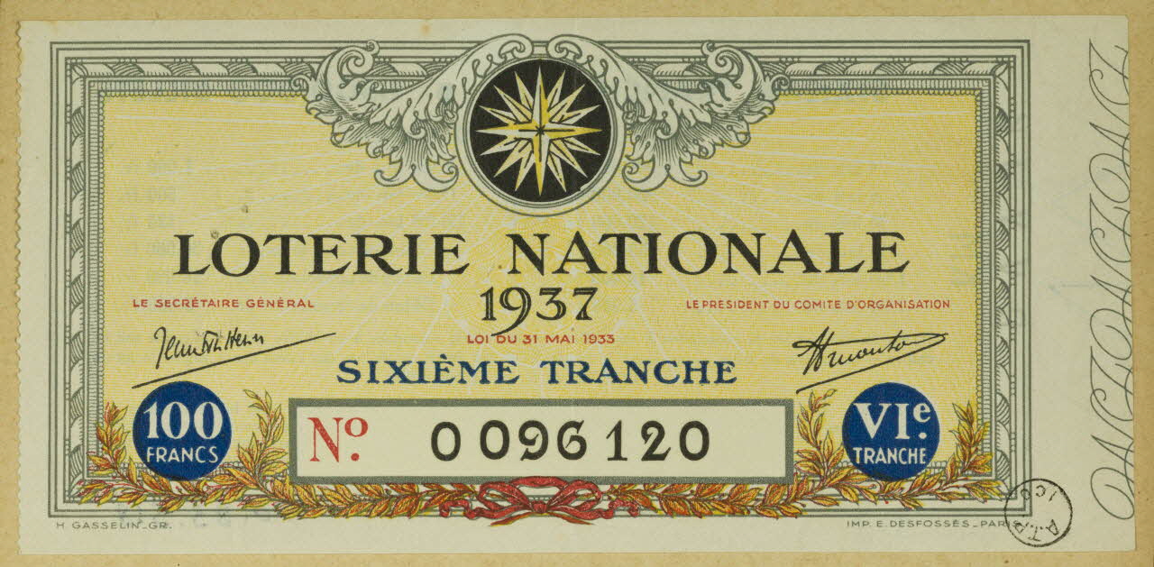 estampe LOTERIE NATIONALE  1937  SIXIEME TRANCHE 1970.83.518 Photo