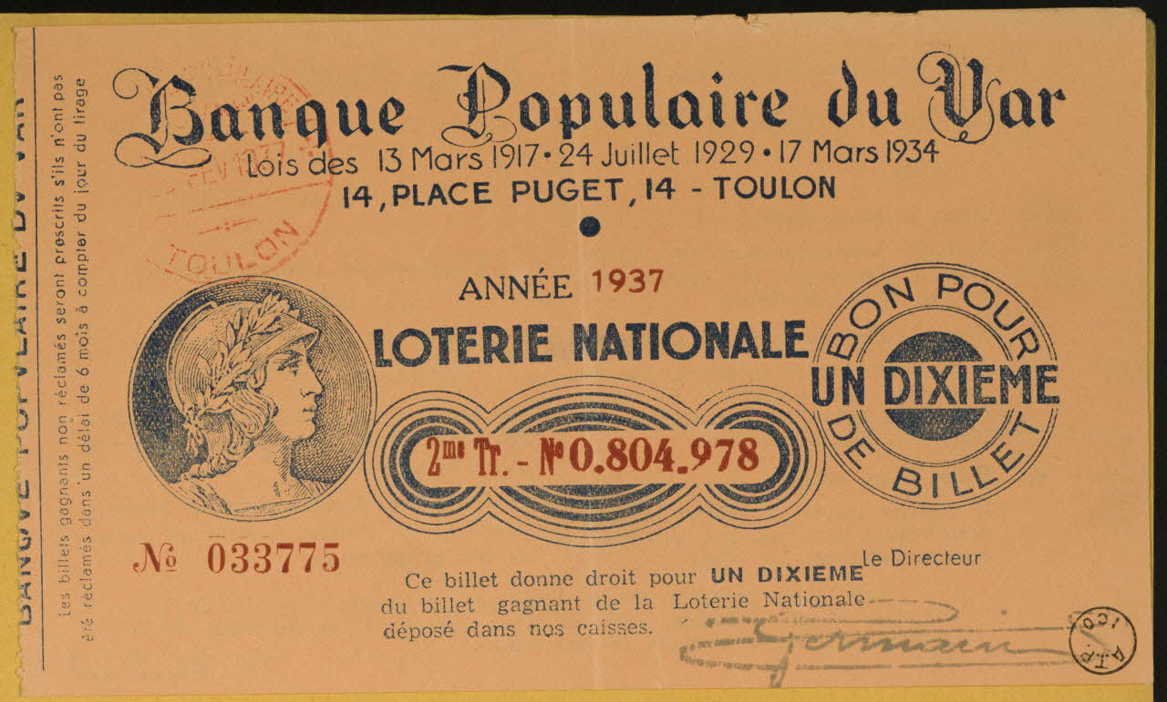 estampe ANNEE 1937  LOTERIE NATIONALE 1970.83.520 Photo