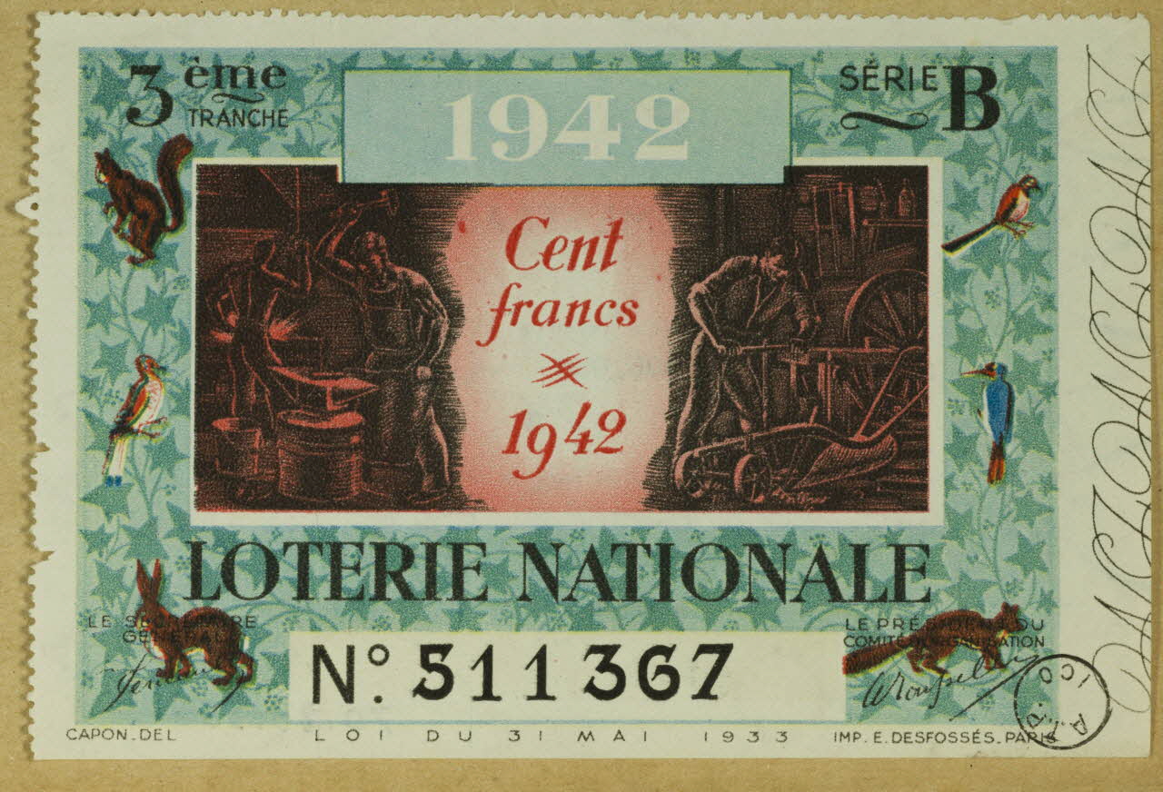 estampe 1942  Cent  francs  1942  LOTERIE NATIONALE 1970.83.558 Photo