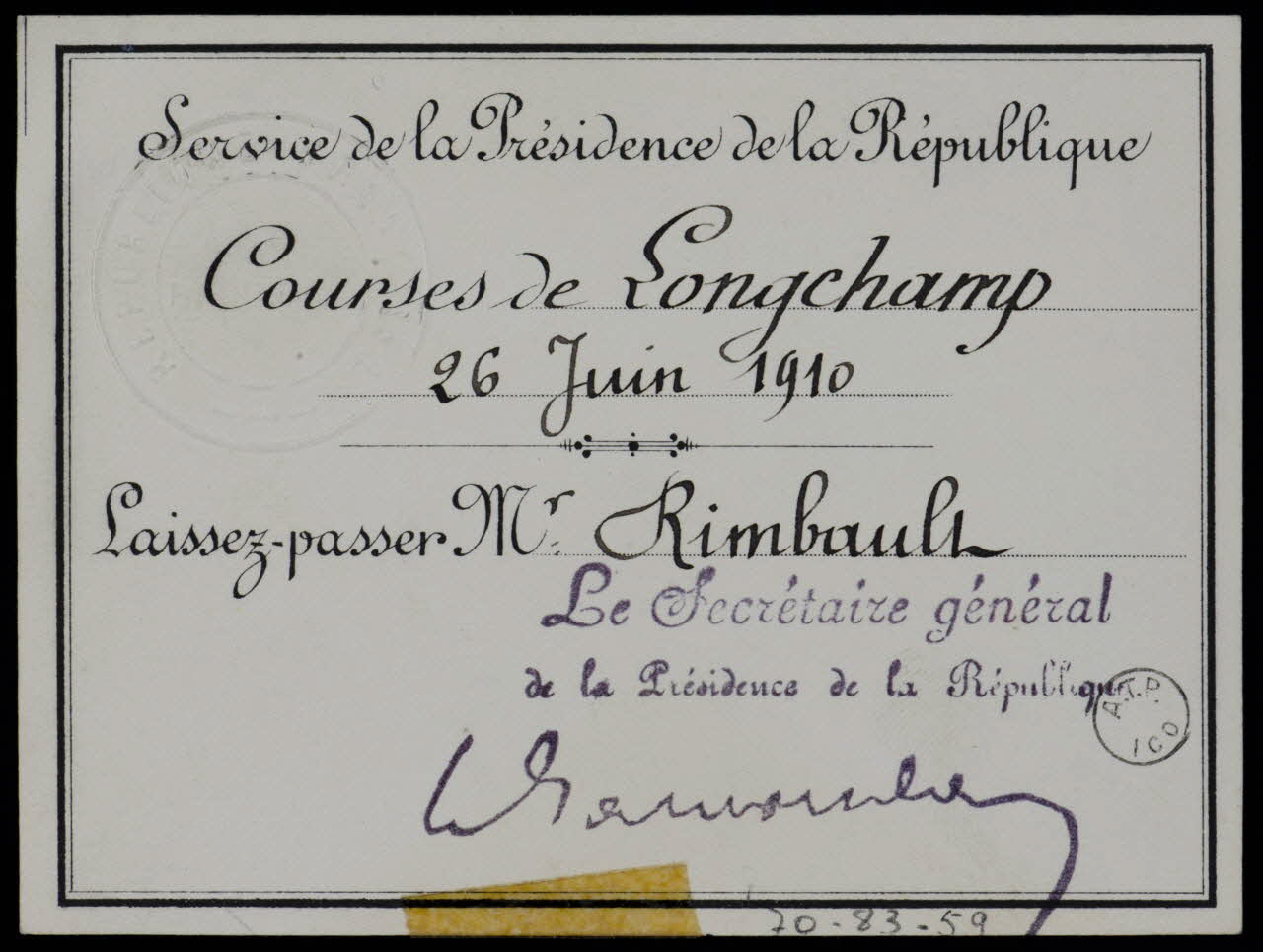 estampe Service de la Présidence de la République  Courses de Longchamp  26 Juin 1910  Laissez-passer Mr. Rimbault 1910 1970.83.59 Photo