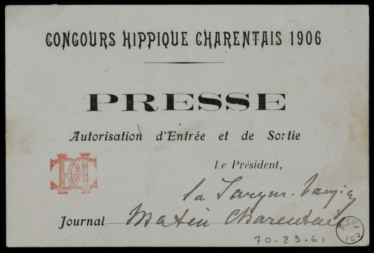 estampe CONCOURS HIPPIQUE CHARENTAIS 1906  PRESSE  Autorisation d'Entrée et de Sortie 1906 1970.83.61 Photo