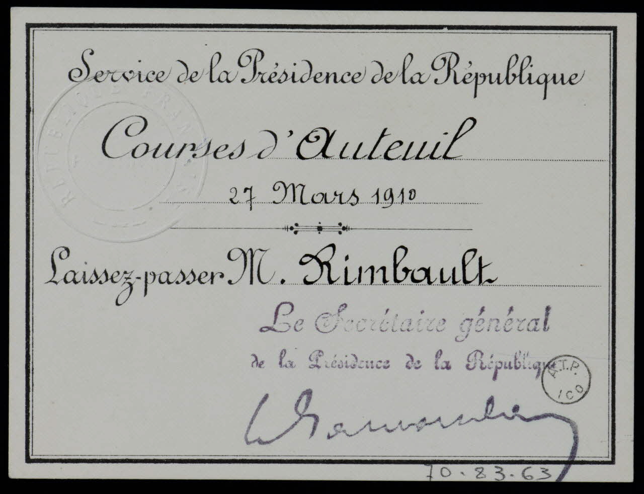 estampe Service de la Présidence de la République  Courses d'Auteuil  27 Mars 1910  Laissez-passer M. Rimbault 1910 1970.83.63 Photo