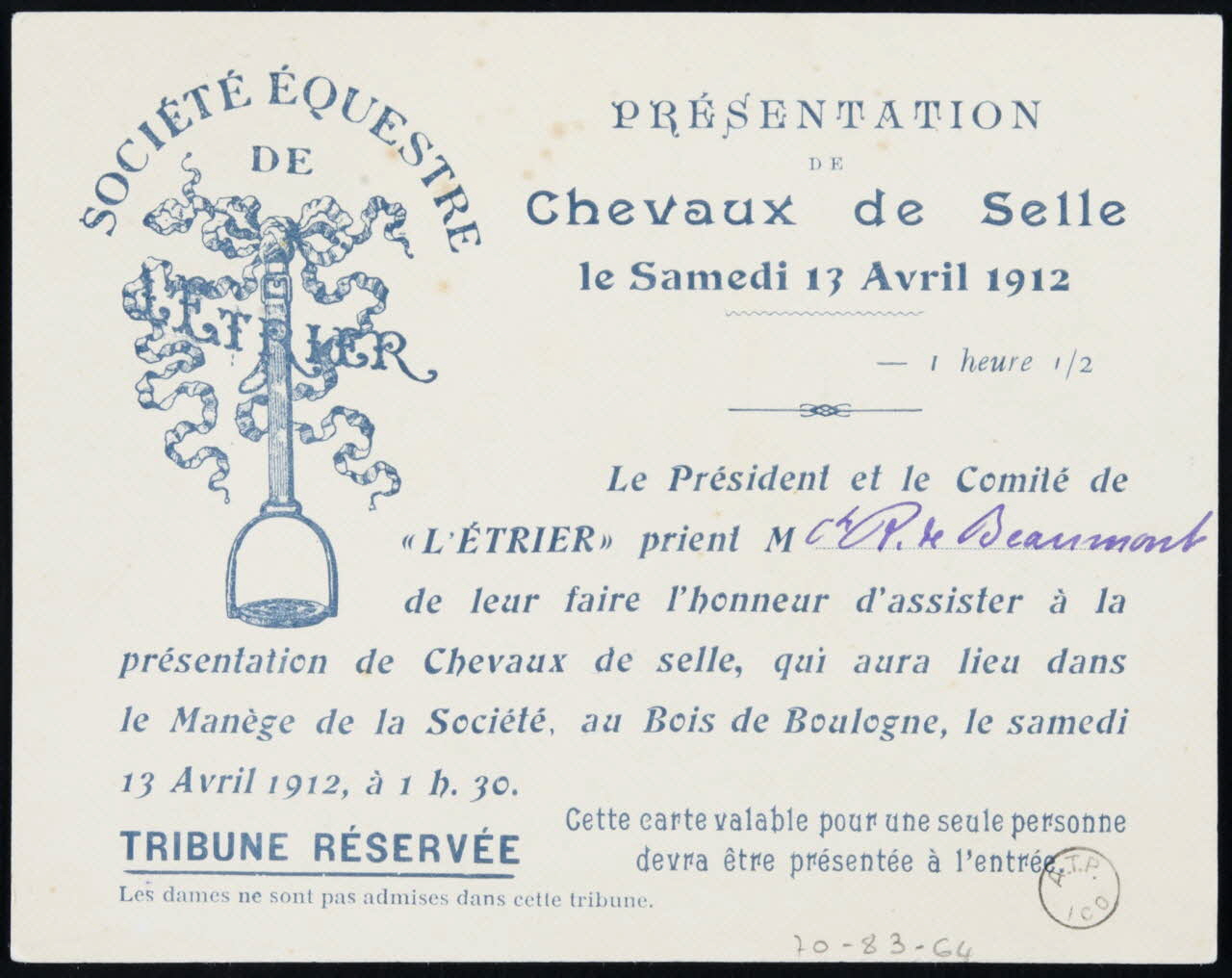 estampe PRESENTATION  DE  Chevaux de Selle  le Samedi 13 Avril 1912 1912 1970.83.64 Photo