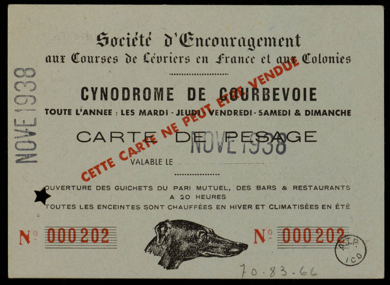 estampe Société d'Encouragement  aux Courses de Lévriers en France et aux Colonies  CYNODROME DE COURBEVOIE 1938 1970.83.66 Photo
