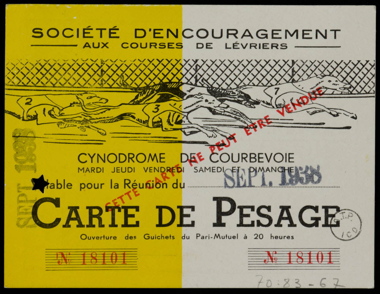 estampe SOCIETE D'ENCOURAGEMENT  AUX COURSES DE LEVRIERS  CARTE DE PESAGE 1938 1970.83.67 Photo