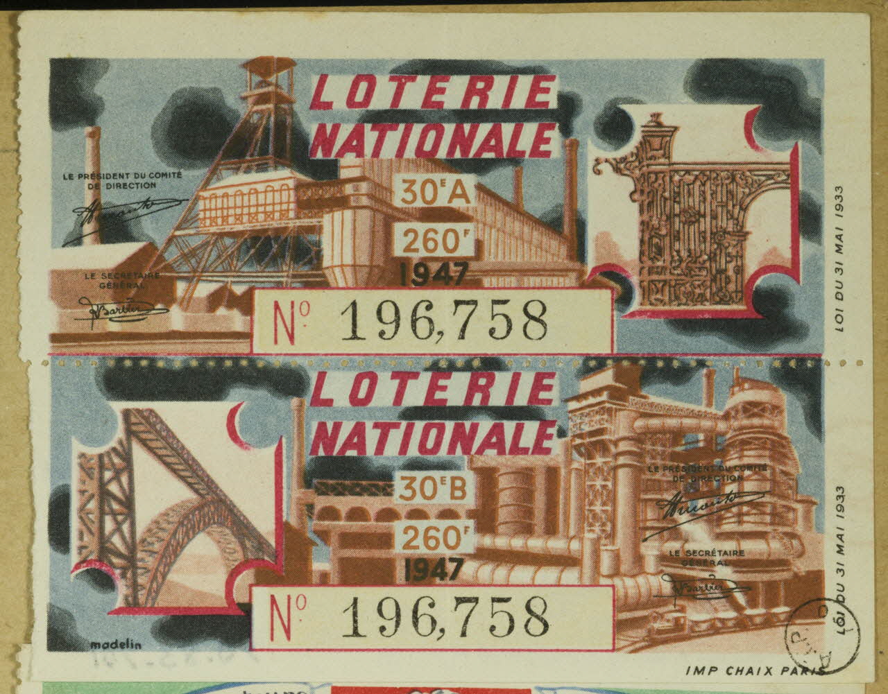 estampe LOTERIE NATIONALE  1947 1970.83.701 Photo