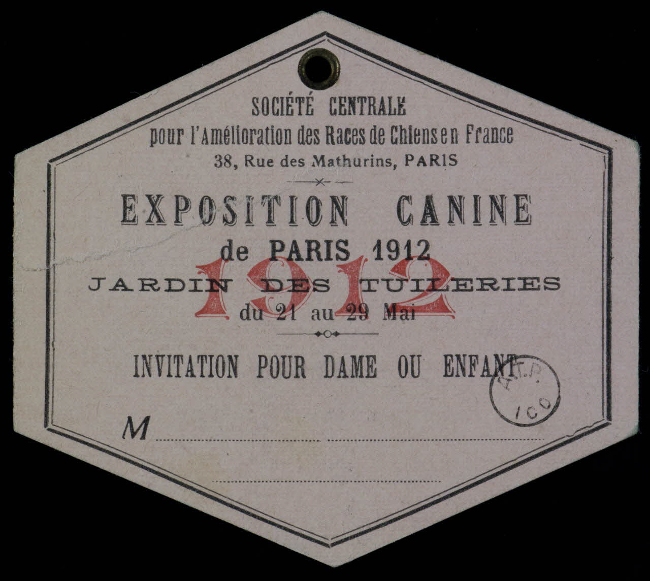 Hemmerli Petit Et Cie estampe EXPOSITION CANINE  de PARIS 1912  JARDIN DES TUILERIES  du 21 au 29 Mai  INVITATION POUR DAME OU ENFANT 1912 1970.83.72 Photo