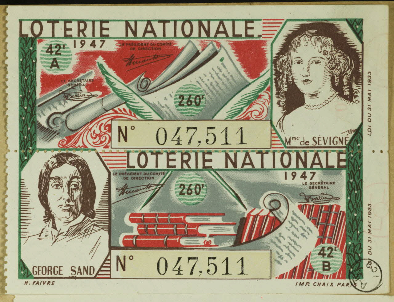 estampe LOTERIE NATIONALE  1947 1970.83.722 Photo