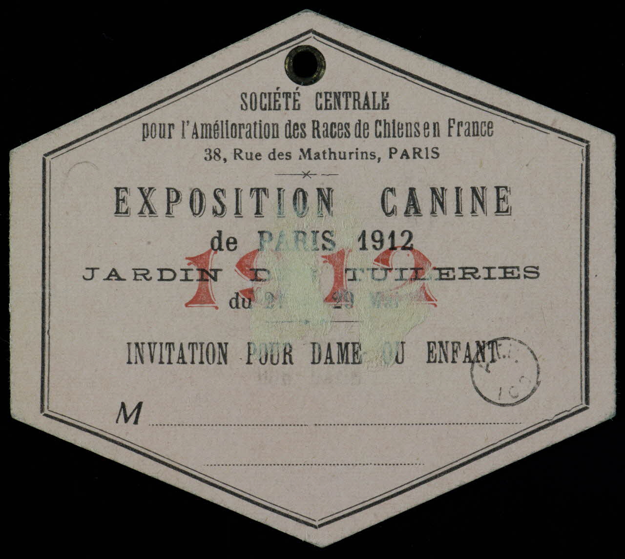 Hemmerli Petit Et Cie estampe EXPOSITION CANINE  de PARIS 1912  JARDIN DES TUILERIES  du 21 au 29 Mai  INVITATION POUR DAME OU ENFANT 1912 1970.83.73 Photo