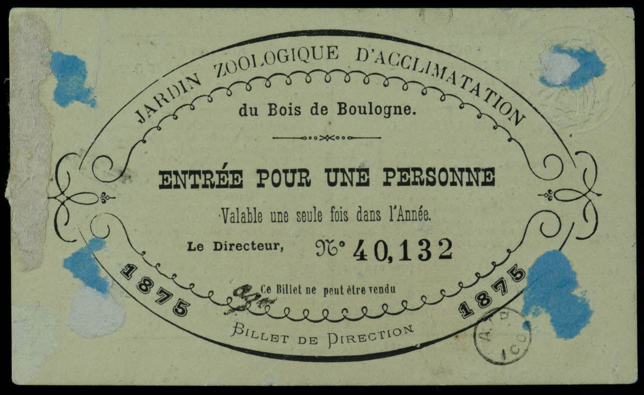 Frédéric Dupont-Diot estampe JARDIN ZOOLOGIQUE D'ACCLIMATATION  du Bois de Boulogne.  ENTREE POUR UNE PERSONNE Île-de-France, France 1875 1970.83.74 Photo