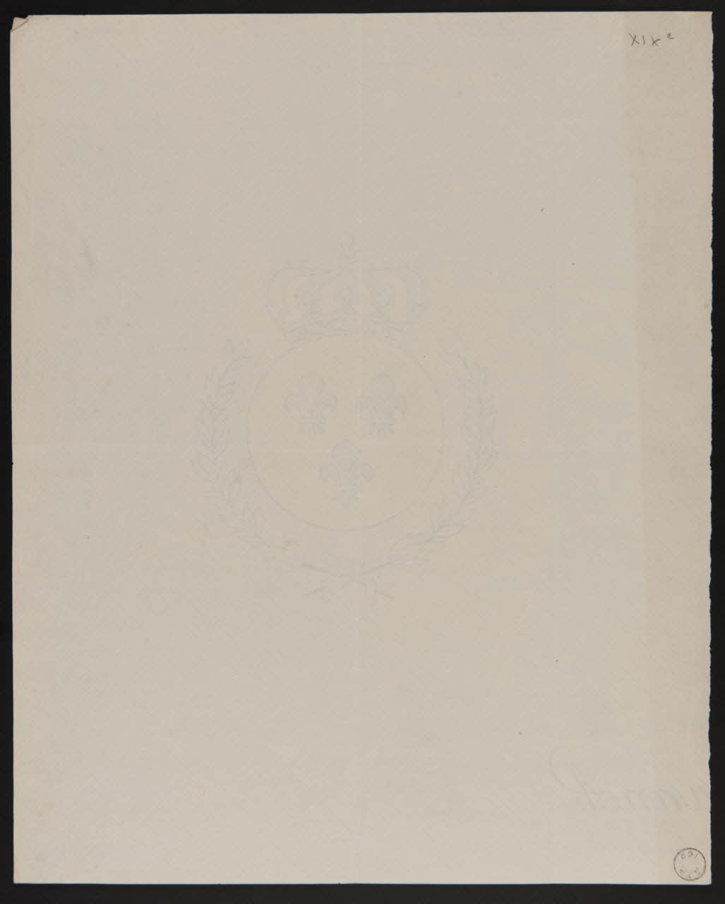 estampe Couronne, fleurs de lys et laurier en filigrane. 1970.94.12 Photo