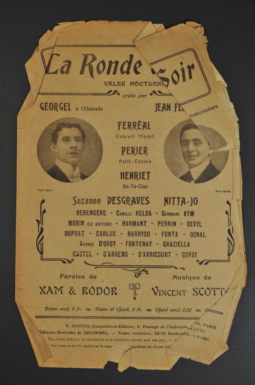 Jean Rodor ; Vincent Scotto ; Xam ; Georgel ; Jean Flor ; Ferréal ; Périer ; Marie-Odile Henriet ; Suzanne Desgraves ; Nitta Jô chanson petit format 1913 1966.205.8 Photo Mucem