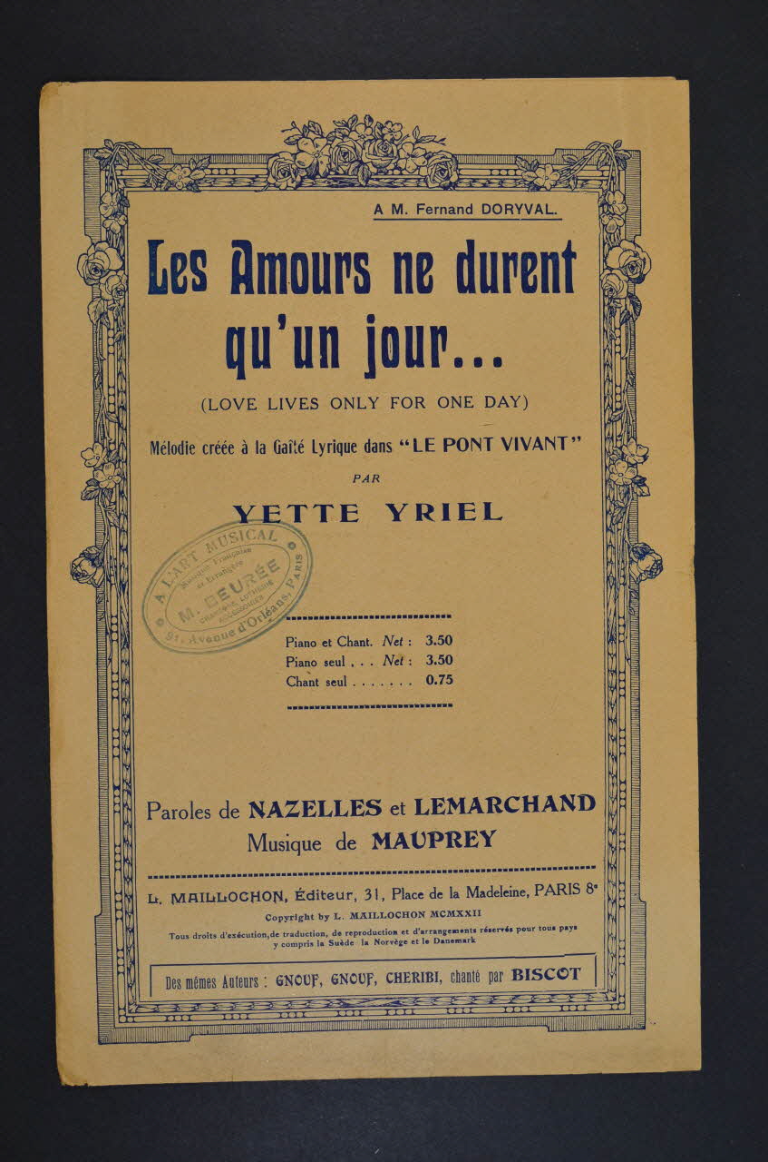 René Nazelles ; André Mauprey ; Louis Lemarchand ; Yette Yriel chanson petit format 1922 1966.206.18 Photo Mucem