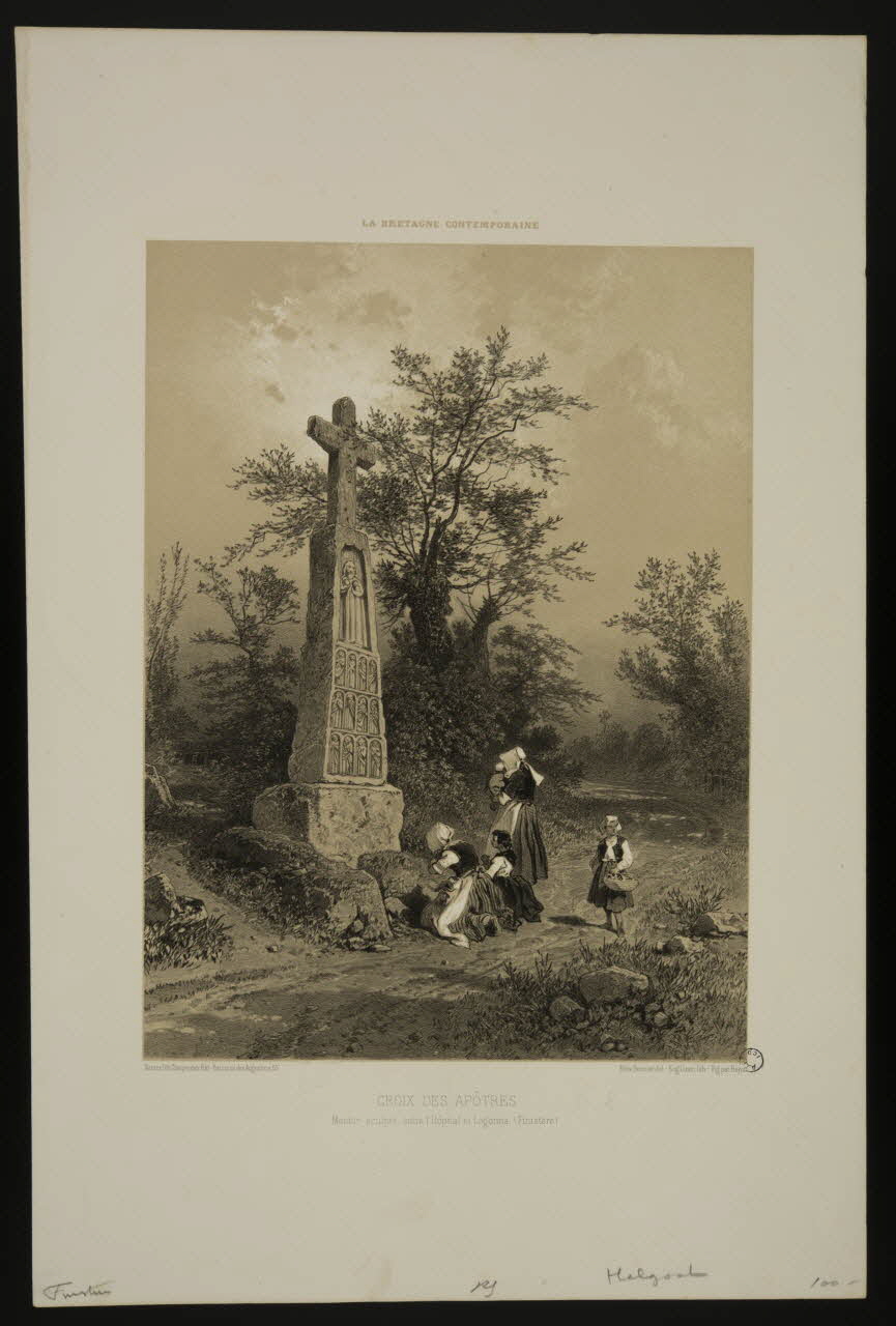 estampe LA BRETAGNE CONTEMPORAINE.  CROIX DES APÔTRES.  Menhir sculpté, entre l'Hôpital et Logonna. (Finistère) 1979.18.7 Photo