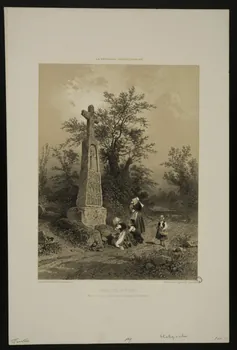 estampe LA BRETAGNE CONTEMPORAINE.  CROIX DES APÔTRES.  Menhir sculpté, entre l'Hôpital et Logonna. (Finistère) 1979.18.7  Photo