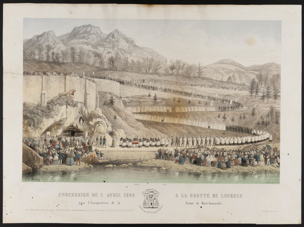 estampe PROCESSION DU 4 AVRIL 1864 A LA GROTTE DE LOURDES  pour l'Inauguration de la Statue de Marie Immaculée. 1979.37.1 Photo