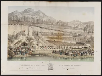 estampe PROCESSION DU 4 AVRIL 1864 A LA GROTTE DE LOURDES  pour l'Inauguration de la Statue de Marie Immaculée. 1979.37.1 Photo