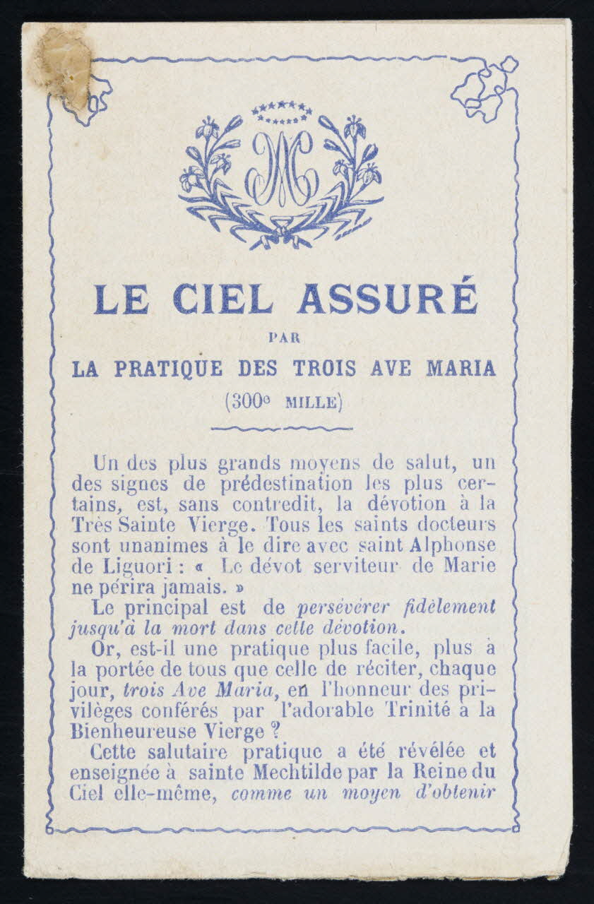 estampe LE CIEL ASSURE  PAR  LA PRATIQUE DES TROIS AVE MARIA 1979.49.187 Photo