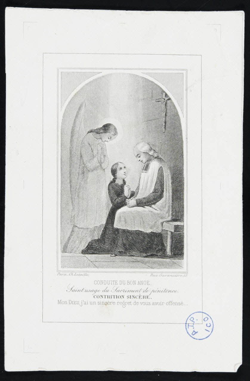 estampe CONDUITE DU BON ANGE.  Saint usage du Sacrement de pénitence.  CONTRITION SINCERE.  Mon Dieu, j'ai un sincère regret de vous avoir offensé... 1979.49.92 Photo